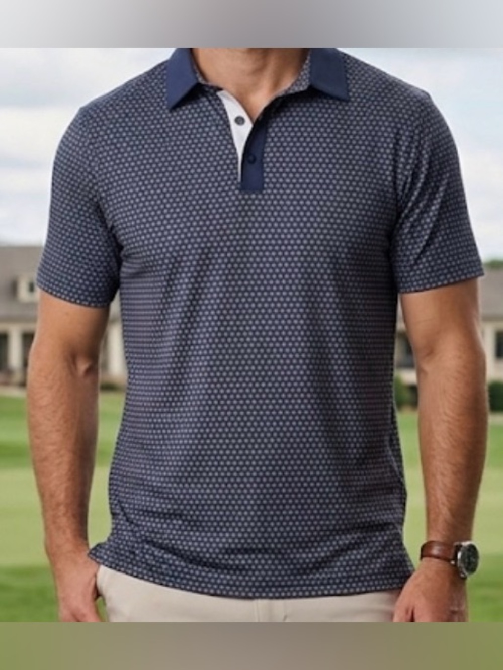 NWT 1764 Golf Graham Luxe Performance Polo Navy Blue Geometric Men’s Medium
